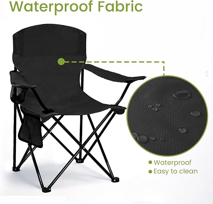 2 Pack Folding Camping Chair with Cup Holder & Side Storage Bag 300lbs Capacity Lightweight High Back Portable for Beach, Picnic, Sport, Black