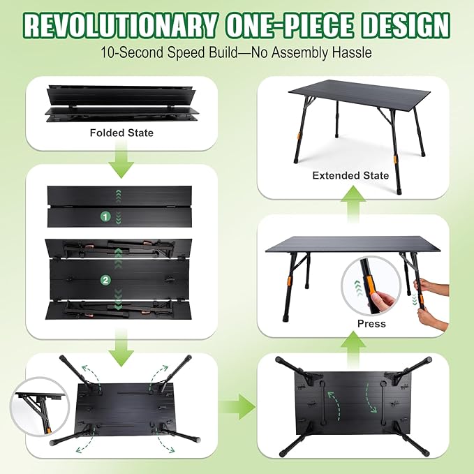 Portable Camping Table Foldable: No-Assembly Aluminum Folding Camping Table with Height Infinitely Adjustable & Carry Bag - Camp Table for Camping, Picnic, Beach, RV, BBQ