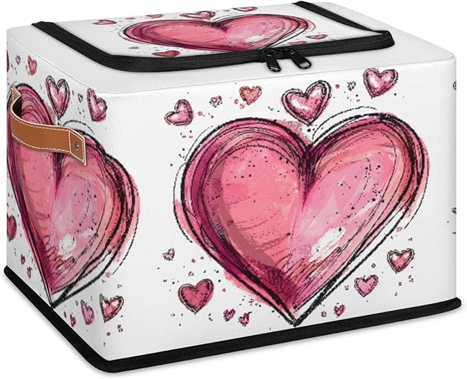 Pink Heart Storage Bins With Zipper Lid, Collapsible Trunk Organizer, Car Organizers and Storage Bins with Lids, Valentine‘s Day Decorative Storage Boxes with Handle, Home Storage Baskets