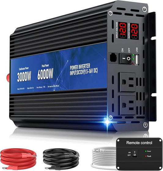 3000W Power Inverter 12V DC to 110V/120V AC Converter, 6000W Peak, LCD Display & Remote Control, Dual AC Outlets & USB Port for RV Truck Solar System, Emergency Backup, Outdoor Camping