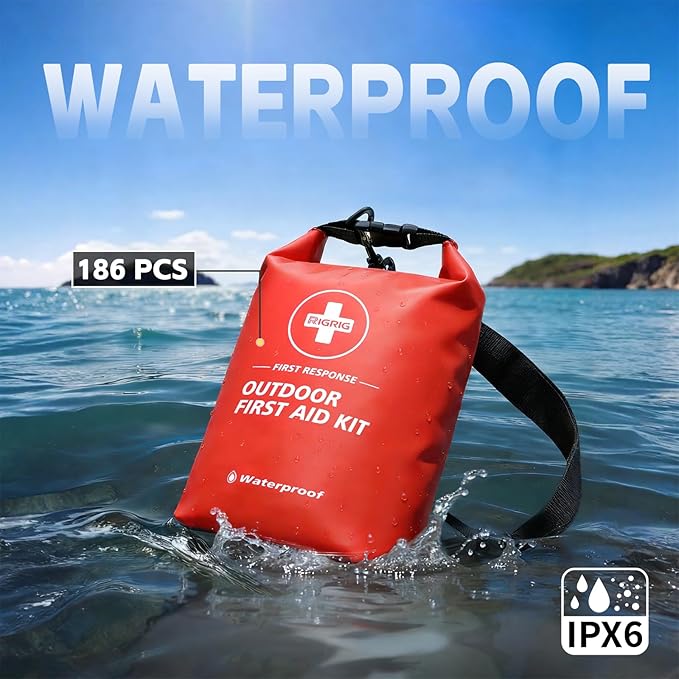 Waterproof First Aid Kit 186 Pcs Survival Gear, Portable Small Boat Dry Bag Bug Out Bags, Emergencies Medical Kit Ideal for Boating, Fishing, Hiking, Camping, Kayaking (Red)