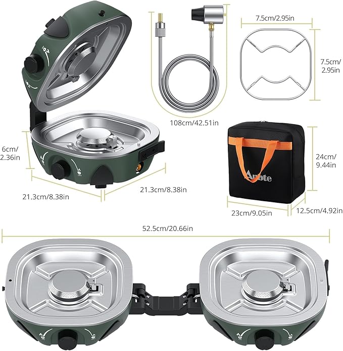 Anbte 20.6" Wide Spacing Propane Camping Stove, Folding Camping Stove with Adjustable Burners & Storage bag, Portable Handle for Outdoor Cooking Beach RV Travel BBQ Tailgating & Emergency Use, Green