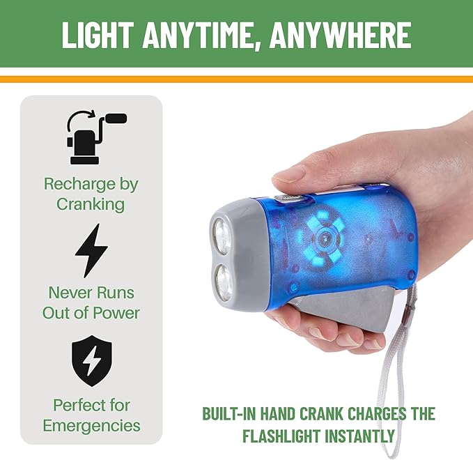 Evelots Hand Crank Emergency Flashlights -12 Pack- Camping, Home, Car - Double LED Bright Lights - Great for Hiking, Outdoor Sports, Power Outage Easy to Use