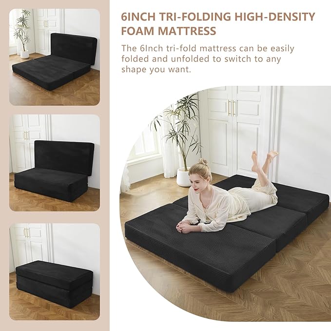 BYBYME Tri-Folding Corduroy Mattress, 6 Inch Gel Folding Mattress Topper, Foldable Soft Guest Bed Camping Pad, Washable Cover (Black, Full)