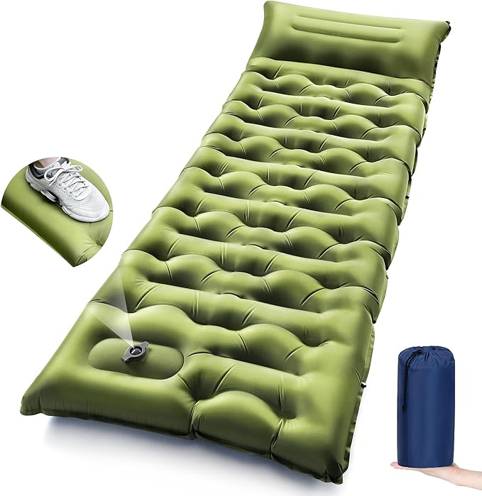Camping Sleeping Pad,5.9 Inch Thick Camping Mat with Built in Pillow and Foot Pump,Self Inflating Sleeping Pad for Camping Backpacking（Green
