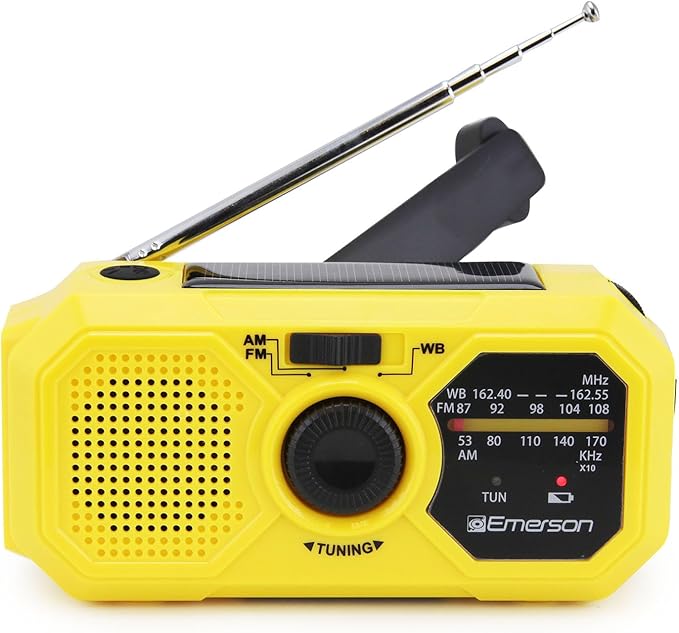 Emerson ER-7050 Emergency AM/FM Radio with NOAA Weather Band, Built-in Power Bank, Hand Crank, Solar Charging, LED Flashlight, and SOS Alarm – Essential Survival Gear for Camping and Emergency Prep