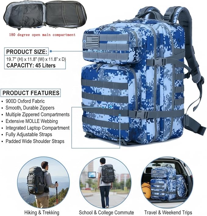 45L Military Tactical Backpack for Men & Women Bug Out Bag Assault pack Molle Daypack Hiking Trekking Rucksack(Navy Digital)