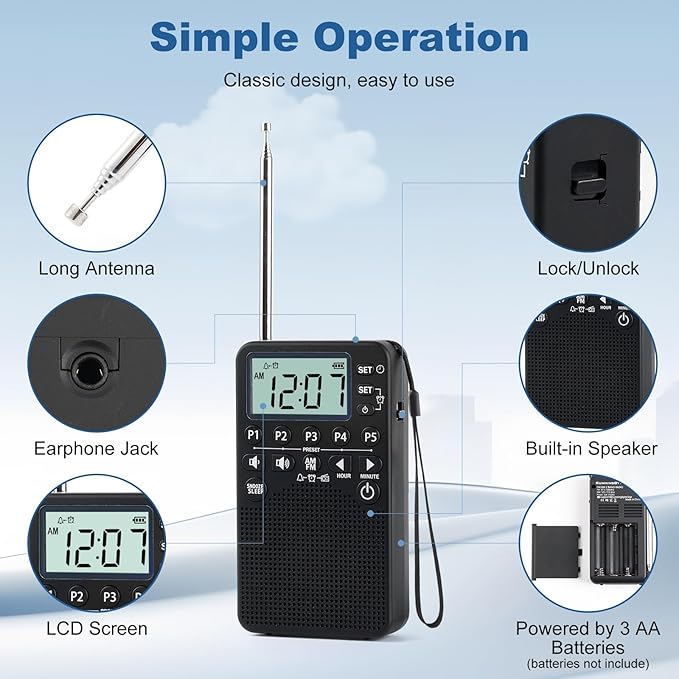 Battery Operated Portable Pocket AM/FM Radio | Digital Tuning, Loud Speaker, Excellent Reception | Portable Emergency & Outdoor Radio with LCD Screen, Alarm Clock, Preset, Sleep Timer, Snooze