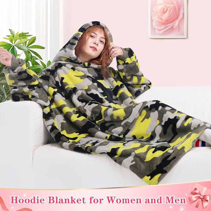 Waitu Wearable Blanket Sweatshirt Gifts for Women and Men, Warm and Cozy Giant Blanket Hoodie, Thick Flannel Blanket with Sleeves and Giant Pocket - Yellow Camo