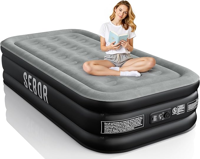 Sebor Air Mattress Twin with Built-in Pump 18", Comfortable Self-Inflating Air Mattress with High-Speed Pump, Durable Blow Up Mattress Twin with Storage Bag for Guests, Camping, Travel