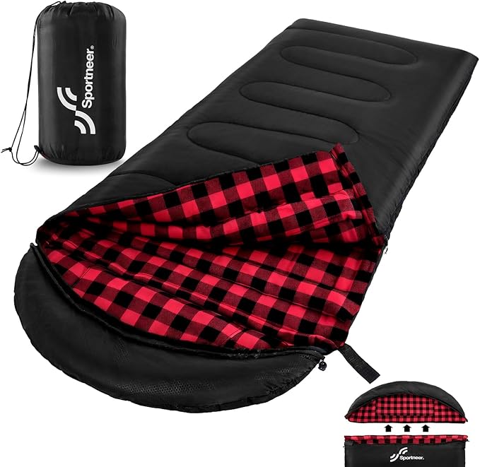 Sportneer 0 Degree Sleeping Bag for Cold Weather, XL Winter Sleeping Bag for Adults, Flannel Lined Camping Sleeping Bag, 32°F–59°F Rated, 87" x 33.5", 4.4 lbs, Detachable Hood, Compression Sack