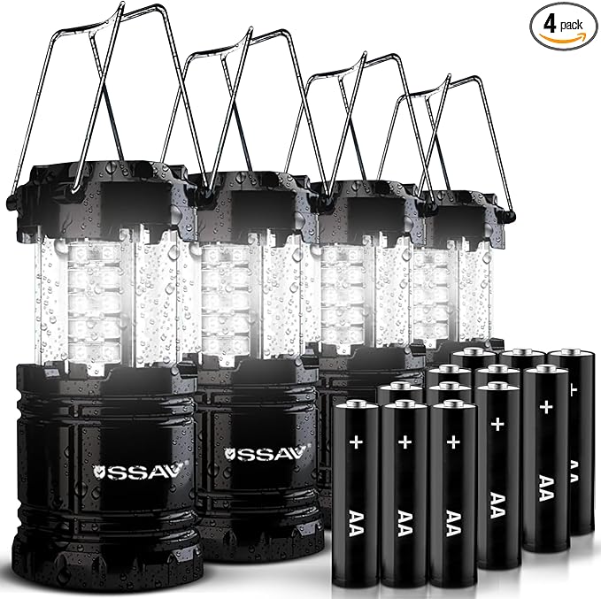 4 Pack LED Camping Lantern, LED Lanterns, Suitable Survival Kits for Hurricane, Emergency Light for Storm, Outages, Outdoor Portable Lanterns, Black, Collapsible | Batteries Included