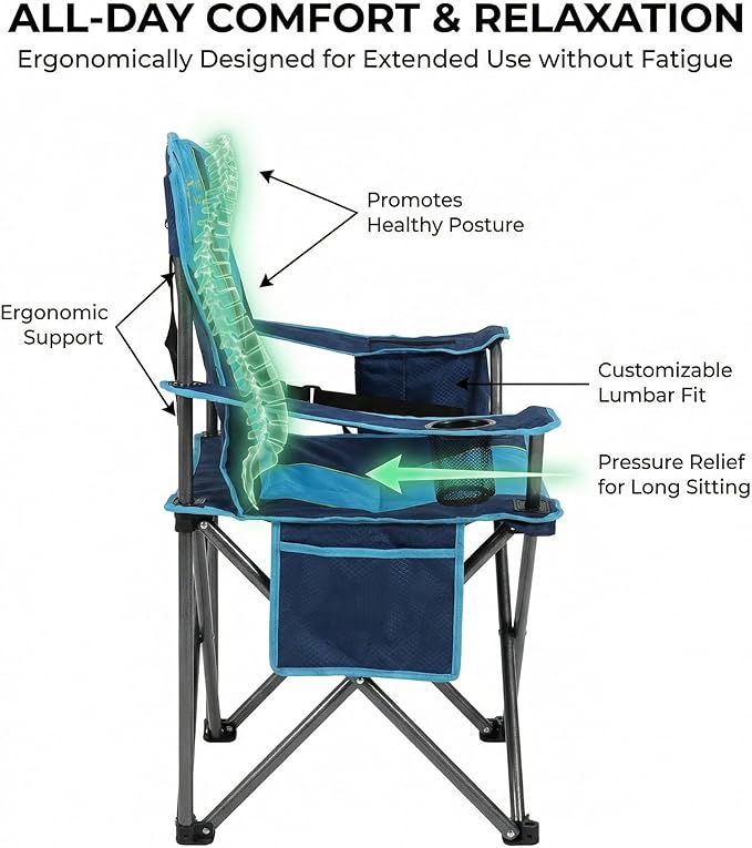 FAIR WIND 2 Pack Padded Camping Chair 500LBS Capacity Heavy Duty Oversized Folding Chair for Heavy People Portable Lawn Chair with Adjustable Lumbar Support, Cooler Bag & Cup Holder for Outdoor, Beach