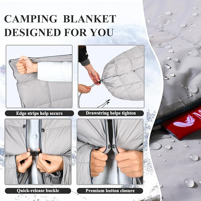 MOOX Down Camping Blanket - Packable Down Camping Quilt Backpacking Lightweight Waterproof Outdoor Hiking Stadium Warm Puffy Sleeping Bag 55"x79" Water Resistant Camp Travel Blanket, Gray Blue