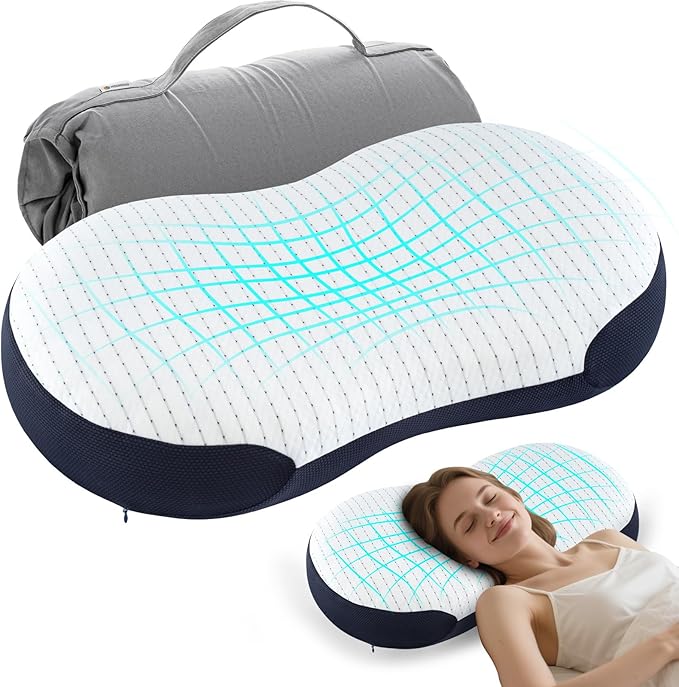 Portable Memory Foam Pillow for Sleeping - Standard Size Roll-Up Bed Pillow for Hotel & Camping, Deep Sleep Neck Support Pillow for Side & Back Sleepers, Packable with Carry Bag