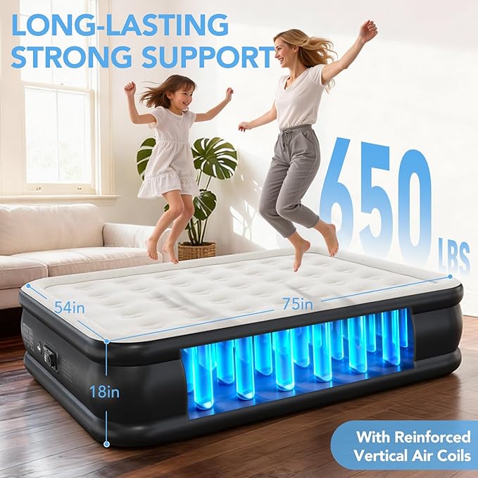 Full Air Mattress with Built-in Pump, 18” High Inflatable Mattress with Storage Bag, 3 Mins Easy Inflation/Deflation Blow up Mattress, Flocked Top Inflatable Bed for Camping, Guests & Adults