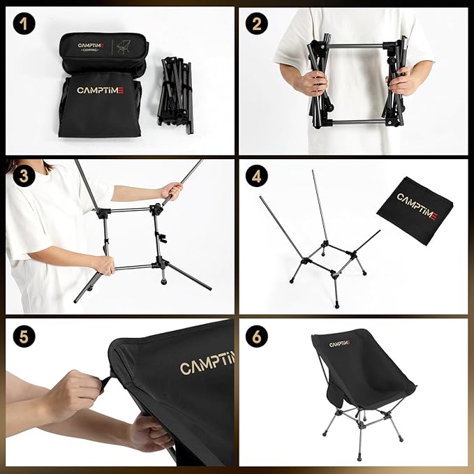 Camptime Portable Camping Chair Plus, Larger & Roomier, Compact and Lightweight, Folding Chair for Backpacking & Hiking, 330Lbs Capacity, Black