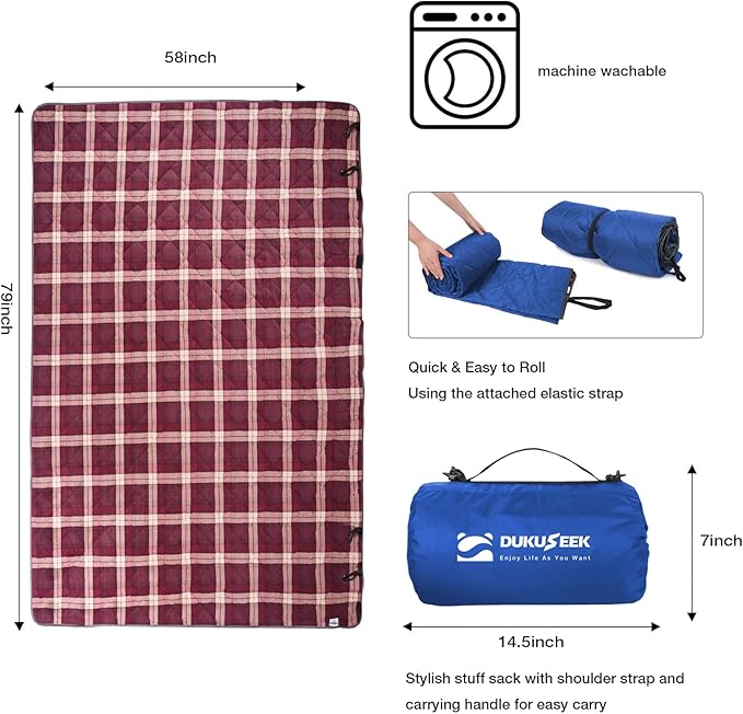 DUKUSEEK Waterproof Camping Blanket with Thick Fleece, Large Outdoor Blanket Windproof with Foldable Hood for Camping Stadium Sporting Events,79"x 58"