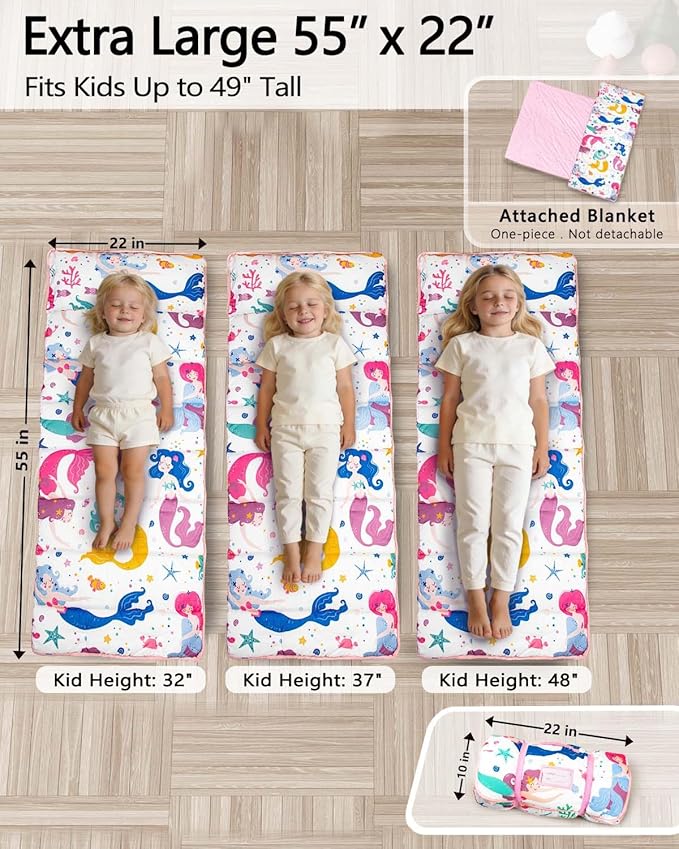Primlect Thickened Toddler Nap Mat with Removable Pillow and Minky Blanket, Extra Large 55''x35'' Sleeping Bag, Washable, Roll up, Perfect for Daycare, Preschool, Kindergarten, Boys and Girls Mermaid