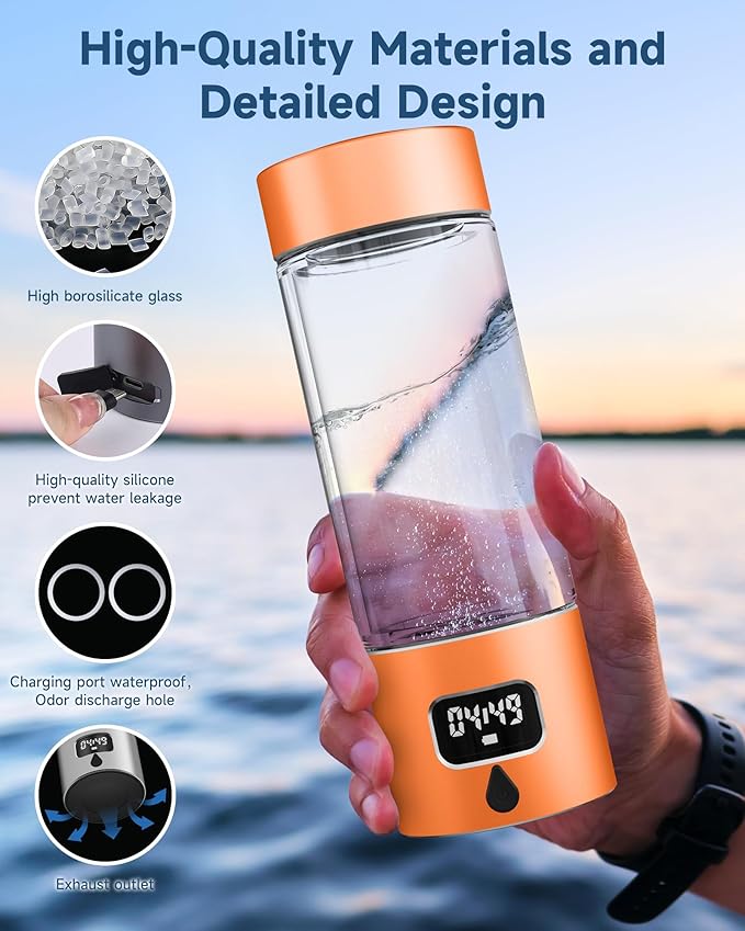340ml Portable Hydrogen Water Bottle Generator with PEM-SPE Technology, Glass Exterior & Aluminum Shell, Produces 5000 ppb Hydrogen in 10 Minutes, for Home, Gym, Office & Travel