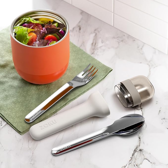 ZOKU Pocket Utensil Set, Grey - Stainless Steel Fork, Knife, and Spoon Nest in Case - Portable Design for Travel, School, Work, Picnics, Camping and Outdoor Home Use