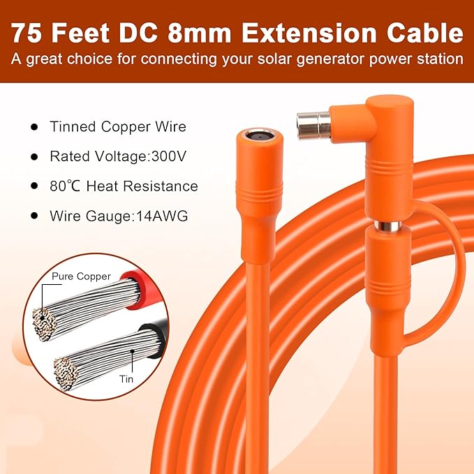 MOOKEERF 14AWG DC 8mm Extension Cable for Solar Panel 75FT,DC7909 Solar Panel Cable Female to Male with DC8020 Male Adapter Compatible with Aker,GZ Yeti,BLUETT,Jackery Portable Power Station - 75 Foot