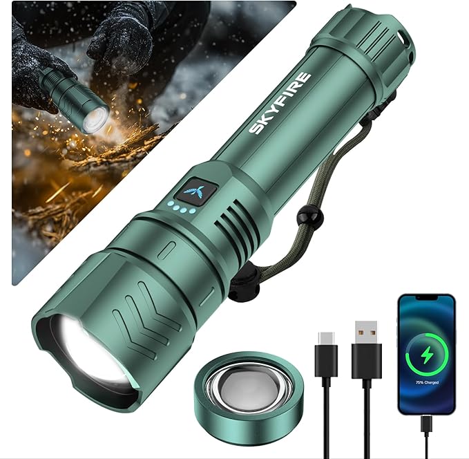 SKYFIRE LED Flashlights High Lumens with Ignition Lens,3000lm Super Bright Rechargeable Flashlight,Zoomable,4 Modes,Waterproof Tactical Flash Light for Camping Essentials,Outdoor and Home,Gift