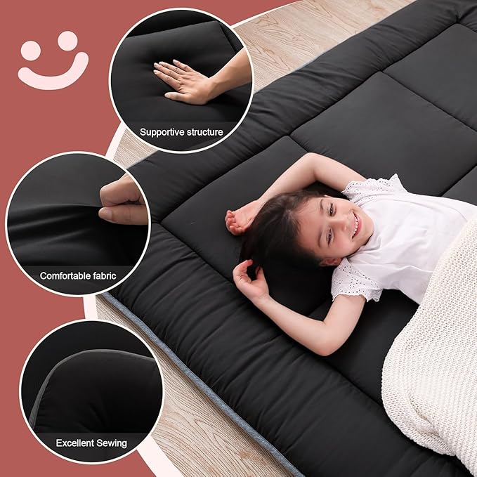 WhatsBedding Japanese Floor Mattress Futon Mattress 3" Black Tatami Mat Shredded Memory Foam Filled Sleeping Pad, Foldable & Portable Roll Up Lounger Camping Bed for Kids and Adult,Full Size 54"x 80"