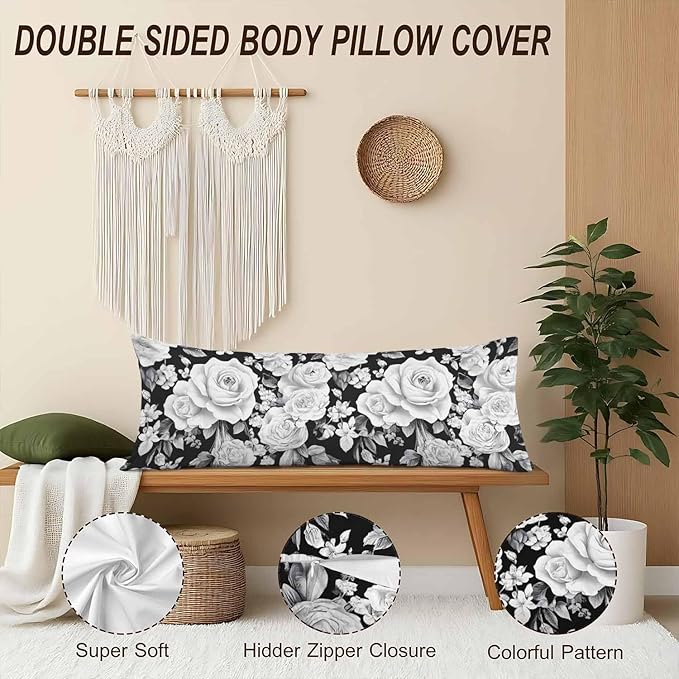 Rose Body Pillow Pillowcase Farmhouse Body Pillow Cushion Covers Floral Peony Roses Black White, 20x54 Inch Bedding Pillow Protectors Large Pillow Cases for Home Couch Sofa