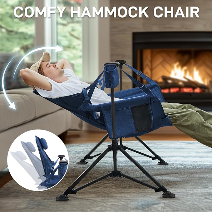 EVER ADVANCED Padded Hammock Camping Chair, Oversized Heavy Duty Swing Chair with Detachable Cup Holder, Portable Folding Rocking Camping Chair, Support Up to 400lbs