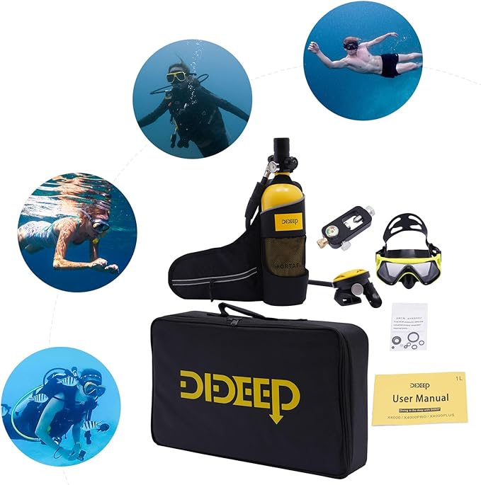 Mini Scuba Tank,1L Capacity Refillable Oxygen Cylinder with Carrying Strap and Diving Glasses,15-20 Minutes Breathing Capacity, Underwater Diving Gear for Emergency Rescue,Snorkeling