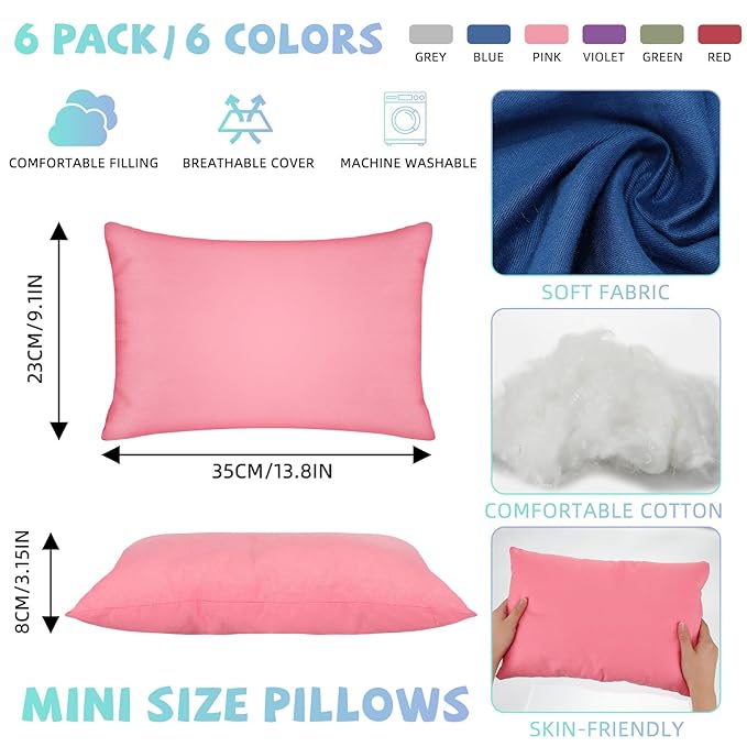 Kigley 6 Pack Mini Pillows for Daycare 9.1 x 13.8'' Small Travel Pillow Bulk Soft Breathable Cotton Pillow for Nap Travel Pet Neck Lumbar Purse Insert(Classic,Dark Color)