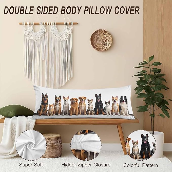 Body Pillow Covers Cats and Dogs Body Pillowcase 20"X54", Kitten Puppy Cute Pillow Cases for Home Bedroom, Outdoor Pillows Body Cushion Cover for Men Women
