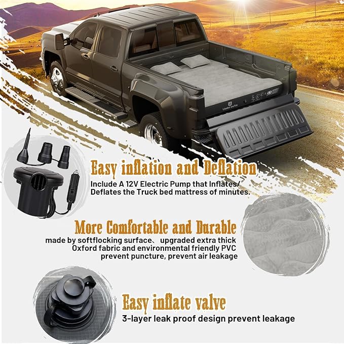 Umbrauto Air Mattress for 6-6.5 ft Full-Size Short Beds, Inflatable Truck Tent Airbed with Pump, Pickup Camper Air Mattress for Camping, with Pillows