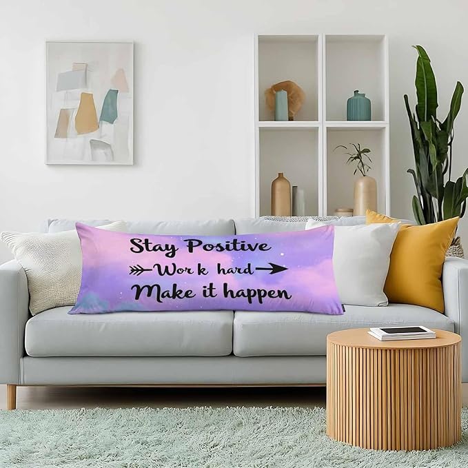 Inspirational Quote Body Pillow Covers Stay Positive Work Hard Make It Happen Lumbar Body Pillow Case 20"X54" Body Pillowcase Cushion Cover for Home Bedroom Office Hotel, Purple Galaxy