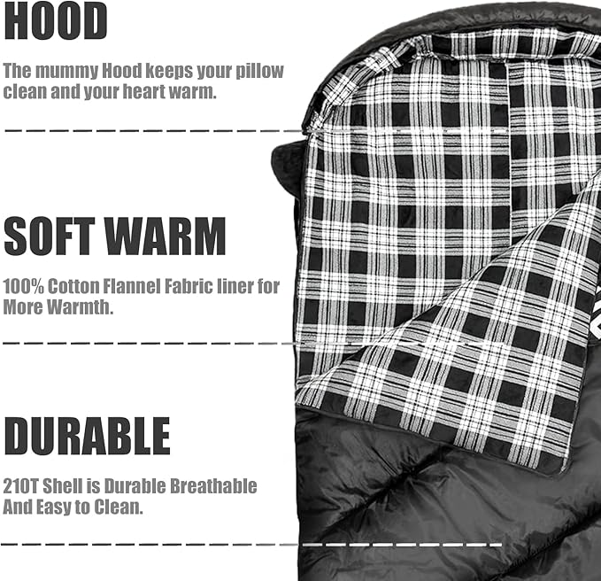 ShinHye 0 Degree Sleeping Bag for Adults - Cotton Flannel 4 Season Cold Weather Winter, XXL Big and Tall Camping Sleeping Bag with Compression Sack