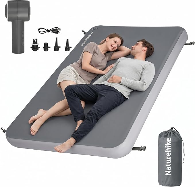 Naturehike 4" Drop Stitch Double Sleeping Pad with Electric Pump, 882 LBS Non-Collapsible Strong Support, Connectable Camping Mattress, Full Size Inflatable Air Mattress for Home, Camping, Guest