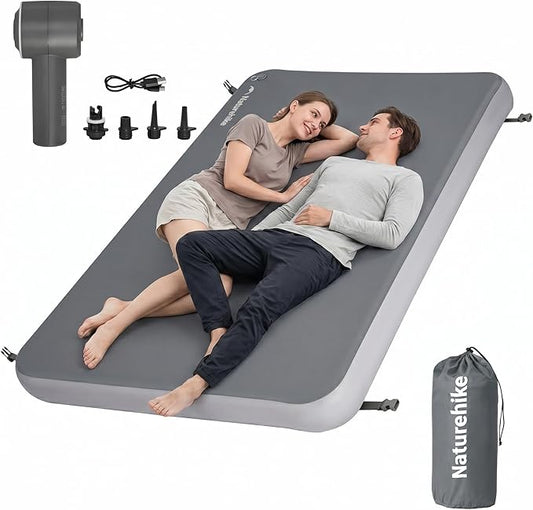 Naturehike 4" Drop Stitch Double Sleeping Pad with Electric Pump, 882 LBS Non-Collapsible Strong Support, Connectable Camping Mattress, Full Size Inflatable Air Mattress for Home, Camping, Guest