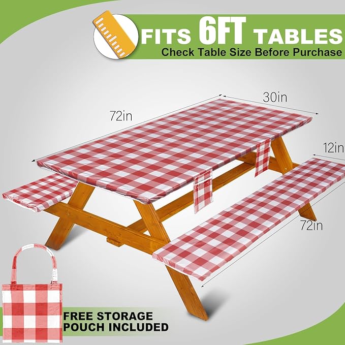 Picnic Table Cover with Bench Covers Vinyl Elastic Edges Fitted Rectangle Seat Tables Waterproof 3-Piece72X30in Set Outdoor Rectangular Folding Backing Tablecloth for Camping Over Size