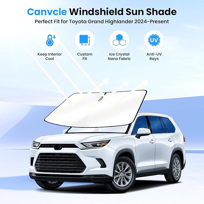 Canvcle Windshield Sun Shade for 2024-2025 2026 Toyota Grand Highlander Accessories Upgraded Double-Layer Front Window Sunshade Cover Sun Visor Protector Foldable Block UV Rays Keep Vehicle Cool