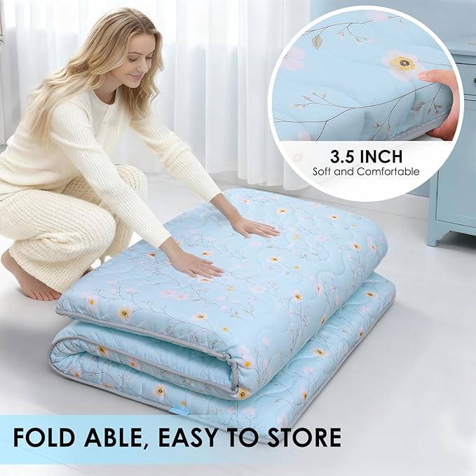 SCHNAUZER HOME Japanese Floor Mattress, 3.5" Thicken Floral Pattern Portable Futon Mattress, 100% High-Density Foam Tatami Mat Sleeping Pad for Camping Guest Room Dormitory RV, Light Blue, Twin