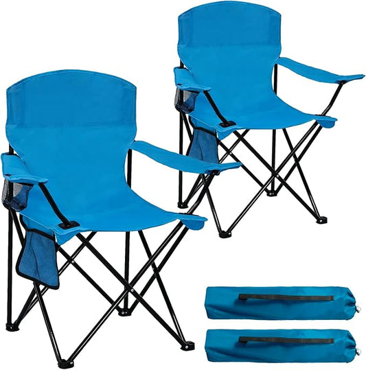 2 Pack Folding Camping Chair with Cup Holder & Side Storage Bag 300lbs Capacity Lightweight High Back Portable for Beach, Picnic, Sport, Blue