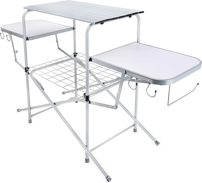 Camco Olympian Deluxe Portable Grill Table - Provides Plenty of Room for Grilling Gear While Camping - Folding Grilling Table Collapses for Compact Storage - Supports Up to 100lb (57293)