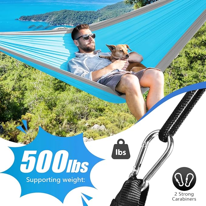 OBTANIM Camping Hammock 500lbs Portable Lightweight Single or Double Hammock with Tree Straps and Carry Bag for Camping Backpacking Hiking Travel Beach Outdoor Indoor (Grey and Blue)