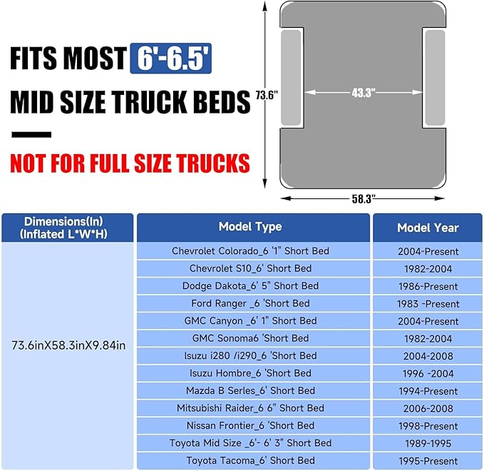 Umbrauto Air Mattress for 6-6.5ft Midsize Short Truck Beds, Inflatable Airbed with Pump for Mid Size Pickup, Pick Up Bed Air Mattress for Truck Tent Camping