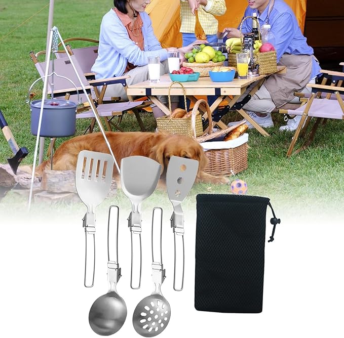 Esquirla 6Pcs Camp Cooking Utensil Set,Outdoor Kitchen Gear, Foldable Cooking Organizer Metal Camping Kitchen Utensil Set, Cookware Kit for Camp RV, BBQ