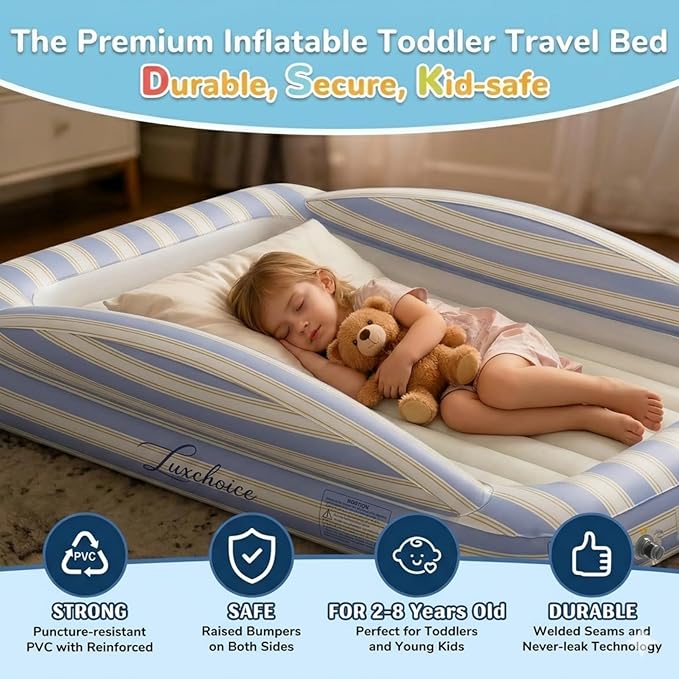 Luxchoice Inflatable Toddler Travel Bed with Cordless Rechargeable Pump, Comfy Removable Flocked Kids Air Mattress & Safety Rails, 63'' Portable Blow up Bed for Outdoors Camping Sleepover Travel Home