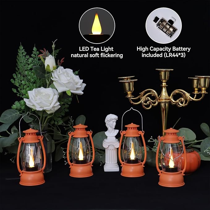 6Pcs Orange Mini Lanterns for Western Cowboy Party & Camping Decor, Small Western Lantern with LED Flickering Candle for Fall Halloween Christmas Wedding Festive Decorations, Centerpiece Table