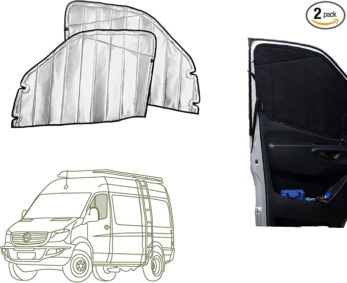 VanEssential Insulated Reflective Blackout Magnetic Window Covers Designed for Mercedes-Benz NCV3 (Van Years 2007 to 2018), Front Door (Pair), Black Reflective