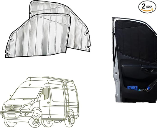 VanEssential Insulated Reflective Blackout Magnetic Window Covers Designed for Mercedes-Benz NCV3 (Van Years 2007 to 2018), Front Door (Pair), Black Reflective